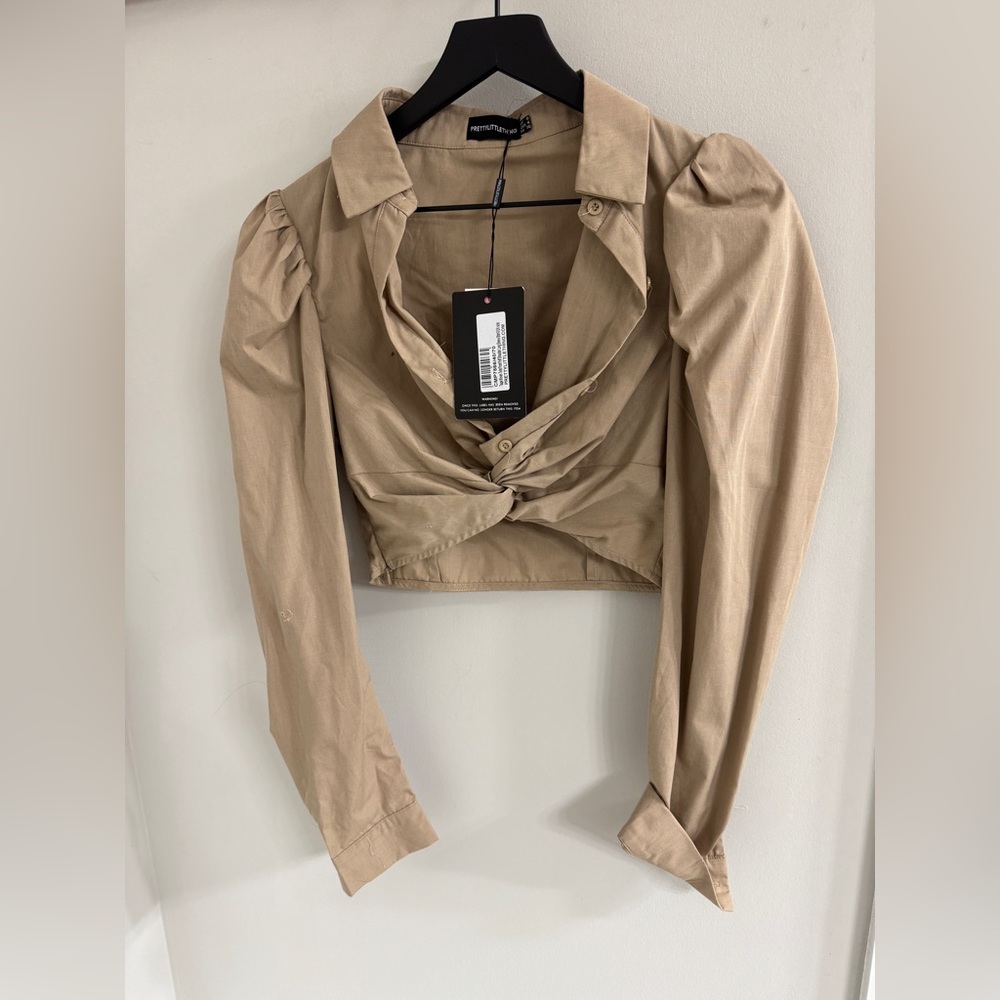 Taupe twist puff shoulder long sleeve shirt